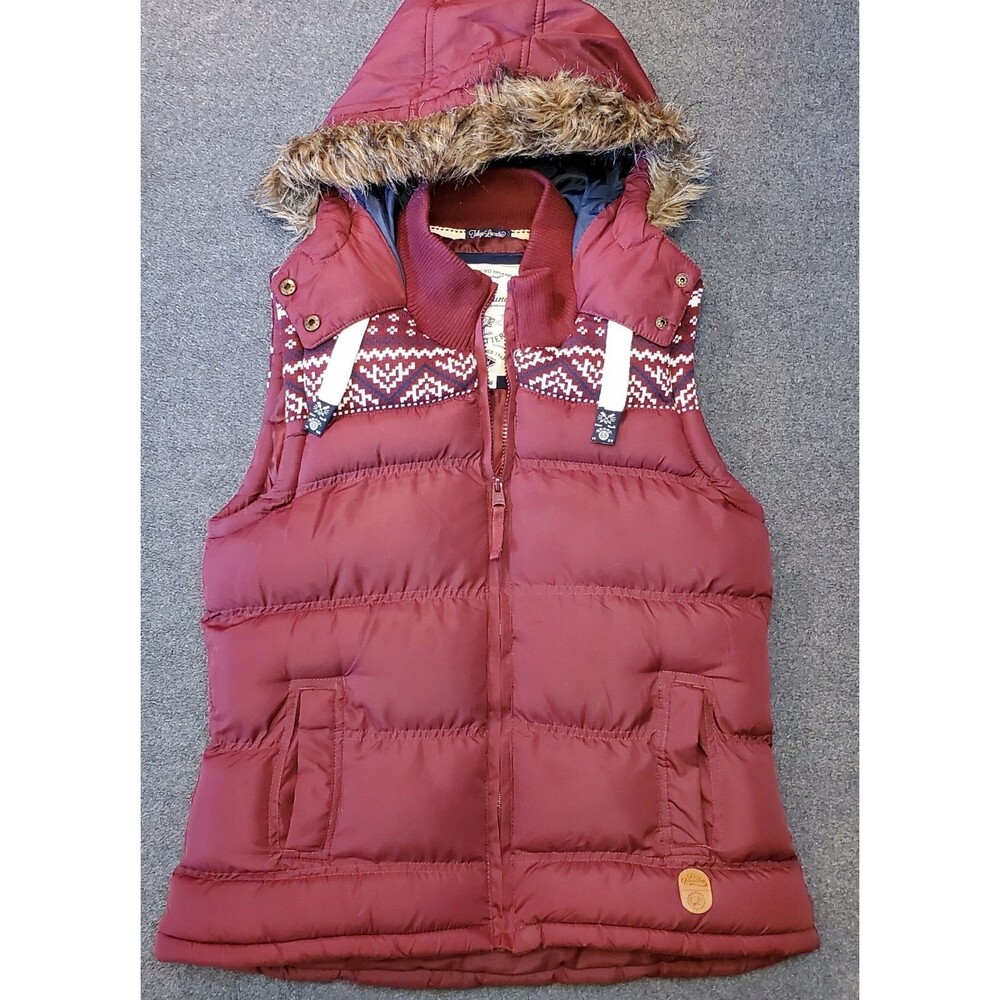 Tokyo Laundry Outfitters Fair Isle Puffer Vest Medium Burgundy Hooded Faux Fur M